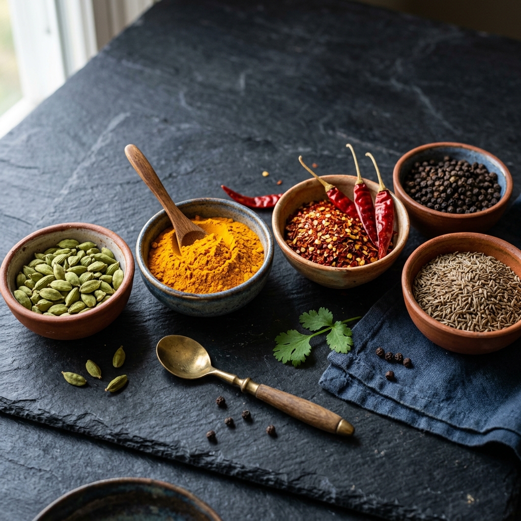 Assorted authentic Indian spices in rustic bowls
